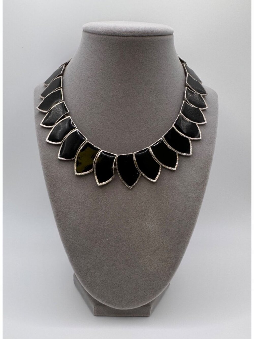 Vintage Black Enamel Silver Tone Bib Collar Necklace Statement Modernist Heavy
